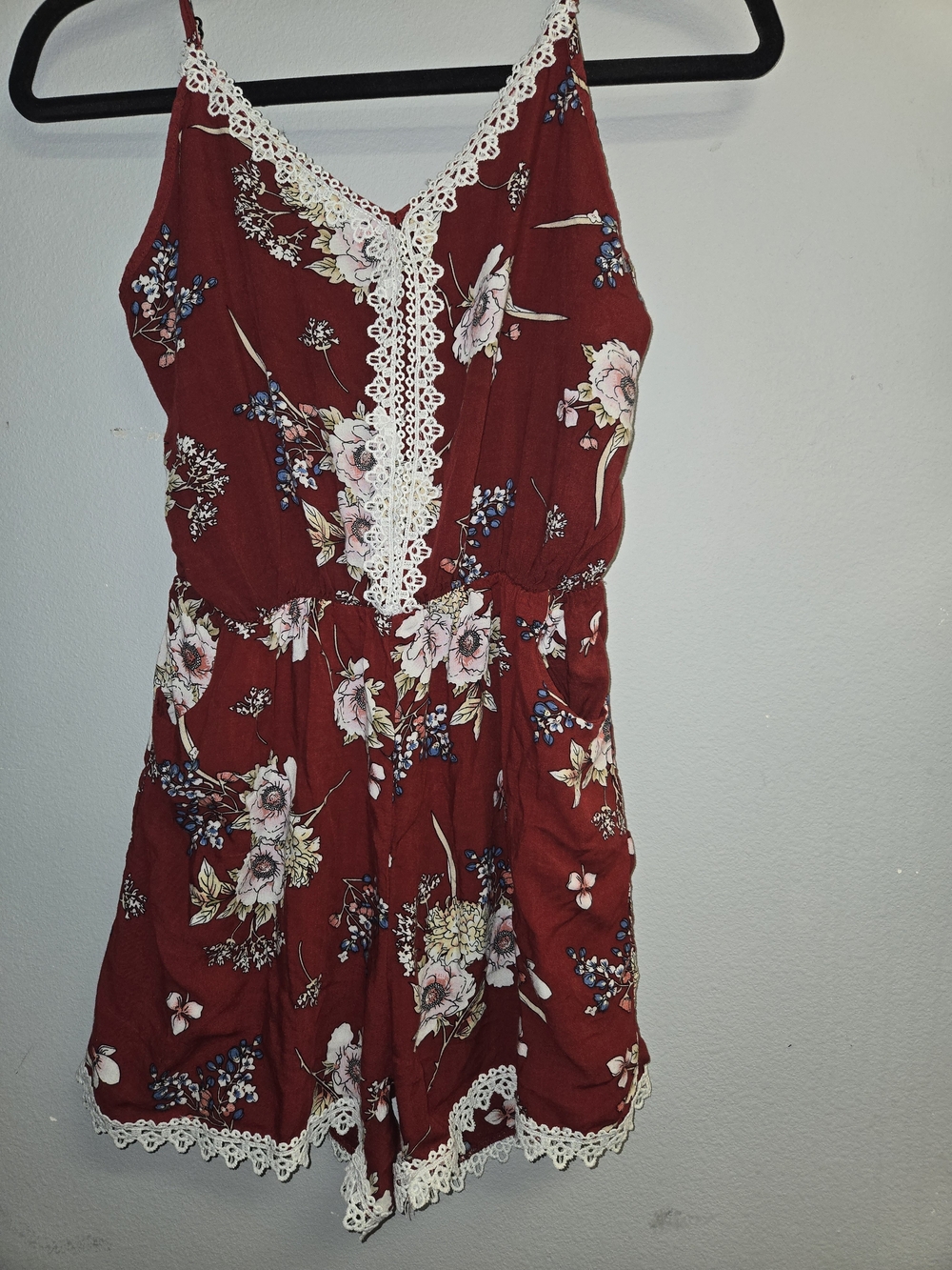 Burgundy Floral Lace Trim Romper S/M Boho Summer Playsuit